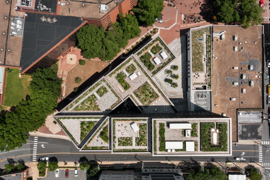 Aerial photography of The CODE Building (Center of Developing Entrepreneurs) green roof and wood tile deck