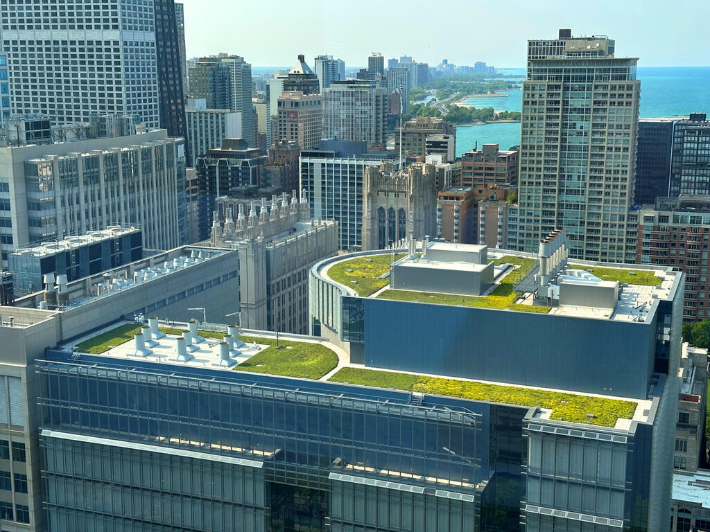 green roof amenity space with ballasted pavers over a blue roof assembly on northwester hospital